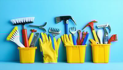 Newsletter illustration featuring cleaning, junk removal, and handyman tools Newsletter illustration featuring cleaning, junk removal, and handyman tools